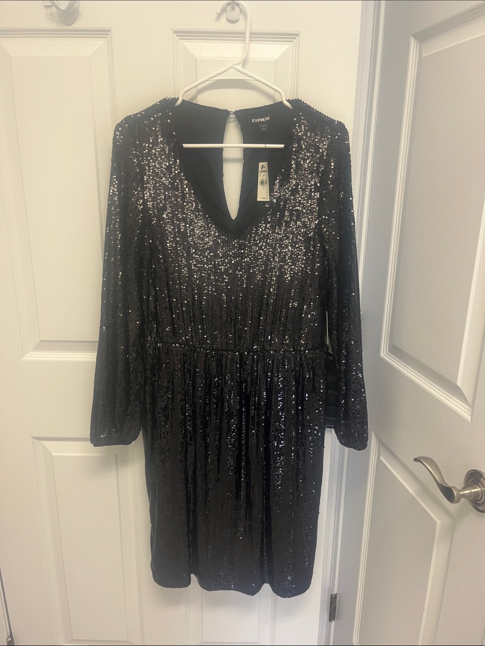 Express Black Sequin Long-Sleeve V-Neck Dress